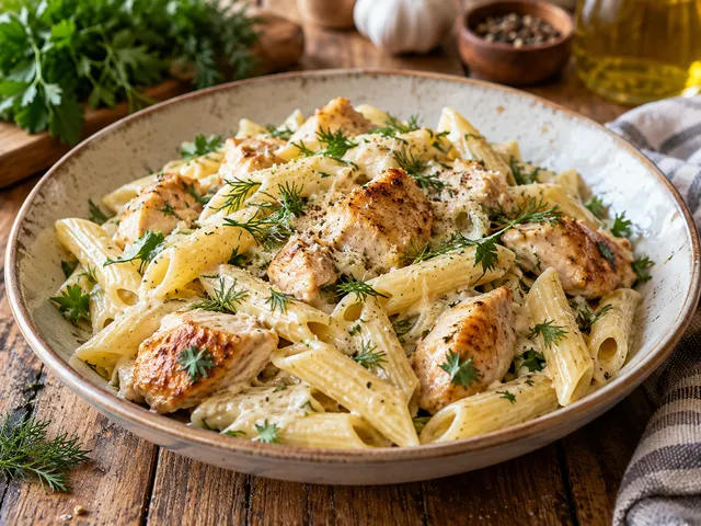 Макароны с курицей на сковороде