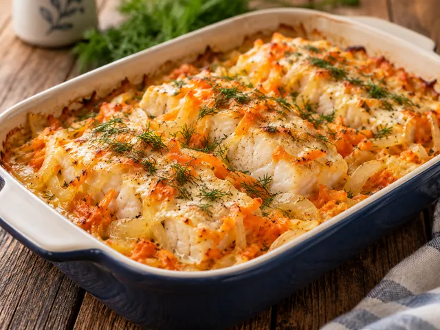 Минтай с луком и морковью в духовке